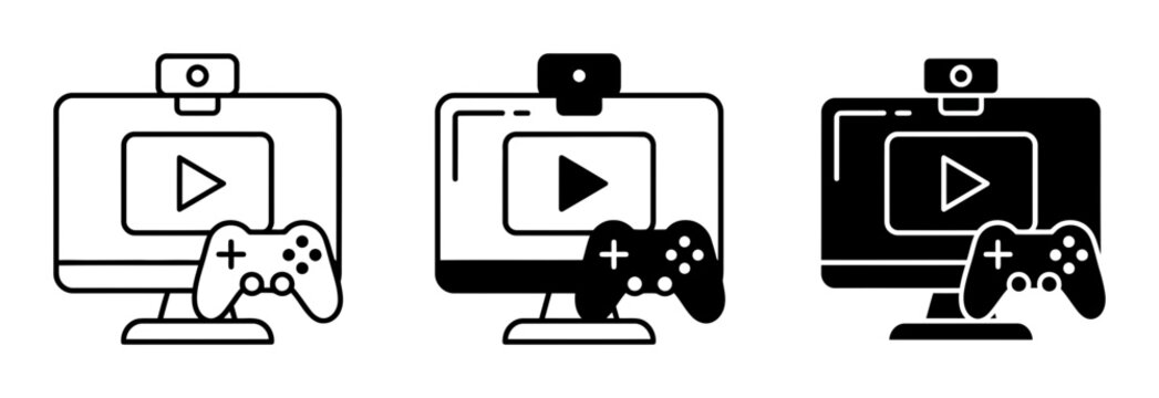 3 Gaming monitor silhouette icons with controller webcam, solid black style, gaming setup