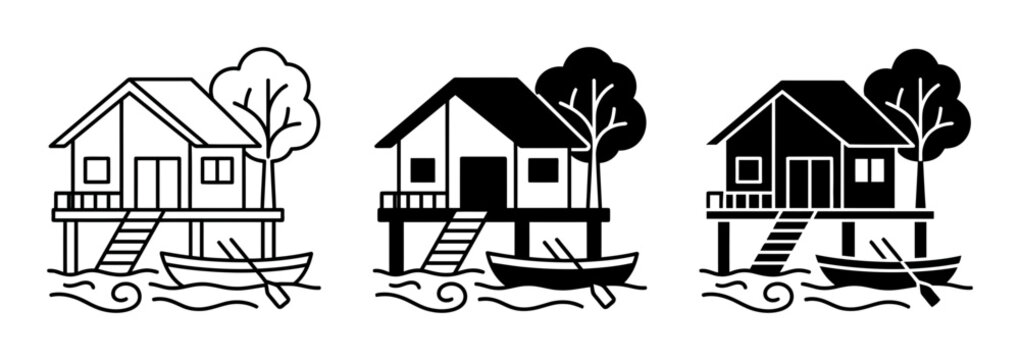 3 Stilt house silhouette icons with boat, tree, solid black style, home architecture set