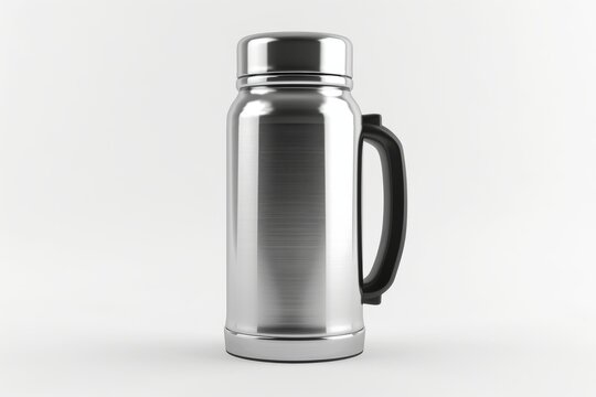 A sleek, modern stainless steel thermos with a black handle stands ready for adventure, perfectly illustrating portable beverage storage and outdoor excursions.