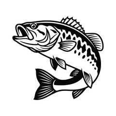 Fototapeta premium Largemouth bass leaps out of the water in a dynamic black and white illustration style.