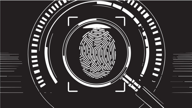 Fingerprint scan appears within a digital circular interface featuring high contrast black and white lines.
