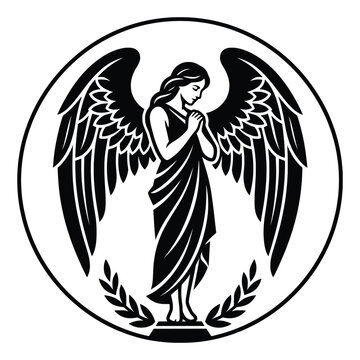 Angel emblem depicts a serene figure inside a circular frame adorned with laurel leaves as a decorative graphic resource.