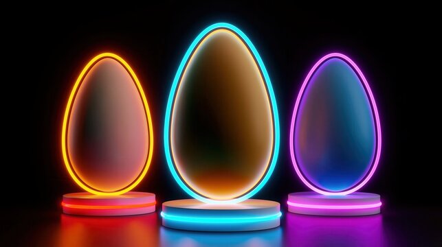 Three colorful egg-shaped lamps with neon lights on a black background