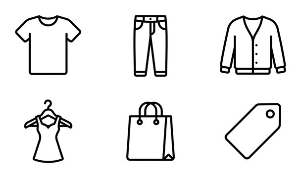 Fashion icons, clothing set, shopping symbols, outfit elements, black line art