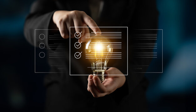 A business professional presents a light bulb symbolizing innovation and creativity, surrounded by digital elements representing checklists and ideas for strategic success. Cyphers