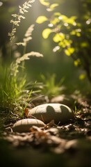 Obraz premium Peaceful Forest Floor with Smooth Stones and Dappled Sunlight