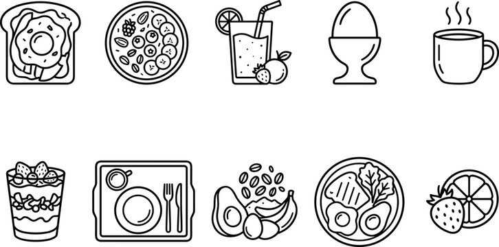 Healthy breakfast cafe menu and organic morning meal dining line icon set for restaurant branding design