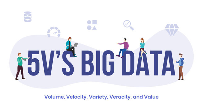 5V big data with big word or text and team people with modern flat style