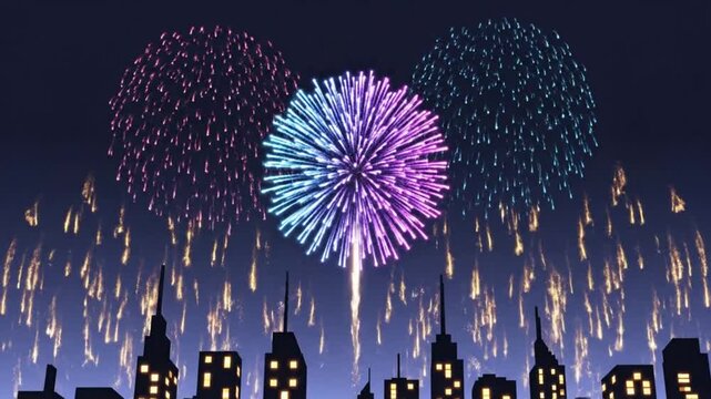 Bright Fireworks Exploding Over a City Skyline During Nighttime Celebration Creating Festive Visuals