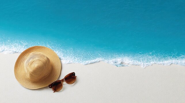 Summer beach concept with straw hat and sunglasses on white sand near crystal clear tropical ocean water