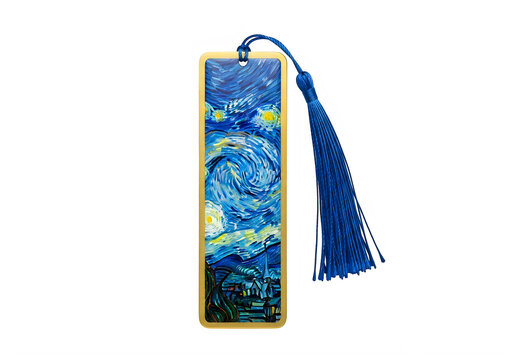 Starry night scene bookmark with blue tassel and gold border transparent background
