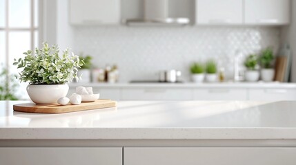 Fototapeta premium Bright Modern Kitchen Countertop with Houseplant and Natural Light