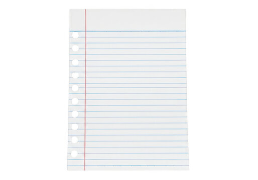 Single sheet of lined loose leaf notebook paper isolated on transparent background
