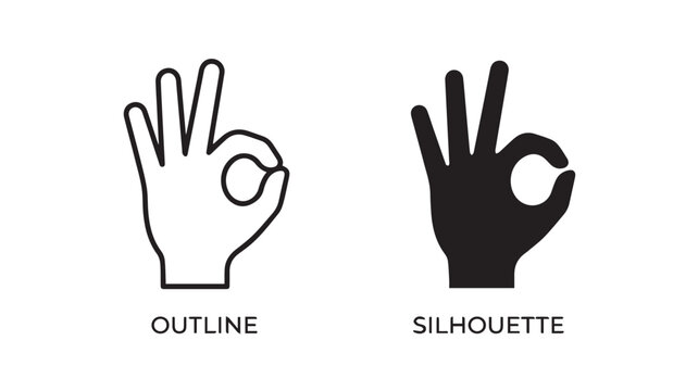 Hand gesture showing the ok sign appears as both a clean linear outline and a solid black silhouette.