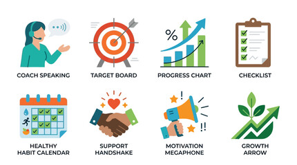 Fototapeta premium Vector set of business icons depicting coaching and motivation with a coach speaking, target board, progress chart, and checklist on a growth journey.