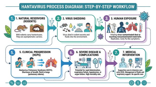 Hantavirus Process Diagram: Step-by-Step Workflow Infographic on Infection and Treatment