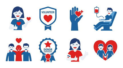 Fototapeta premium Vector set of volunteer icons depicting people donating blood and showing love with hearts