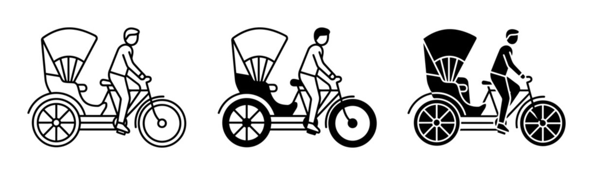 3 Bicycle Rickshaw silhouette icons, solid black style, transportation set