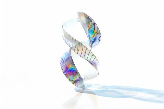 A stylized, iridescent DNA helix sculpture gleams with rainbow-like colors, casting a delicate shadow on a clean, bright surface, symbolizing the beauty and complexity of genetic science.