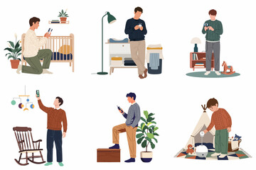 Fototapeta premium Flat vector illustration of fathers setting up and testing smart baby monitor cameras and devices in nursery rooms.