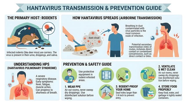 Hantavirus Transmission and Prevention Guide: Medical Infographic on HPS Symptoms, Rodent Safety, and Disease Control