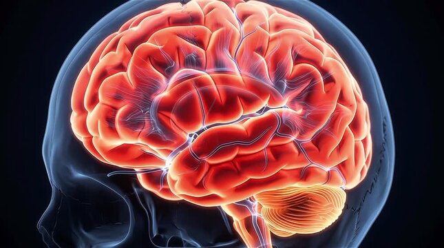 3D Medical Animation of Glowing Human Brain with Red Orange Highlight Showing Cerebrum Cerebellum Brain Stem and Neural Vessels Inside Transparent X-Ray Style Human Skull Profile View on Dark Blue