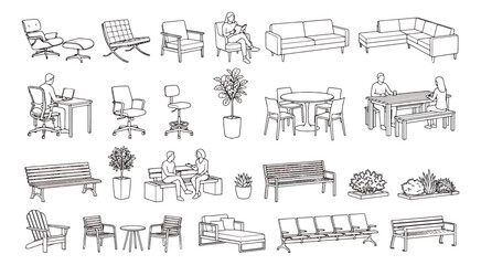 Hand drawn furniture vector set, minimalist interior and exterior seating sketches, architectural line art icons for floor plans and lifestyle design © Ali