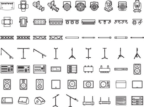Stage lighting equipment icons, professional audio setup, and event technology elements in a comprehensive set of vector graphic elements.