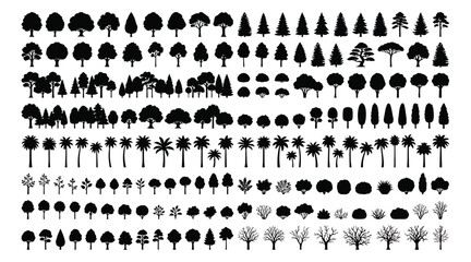 Black tree silhouette collection, diverse forest and park vegetation set, minimalist botanical vector icons for landscape design and mapping © Ali