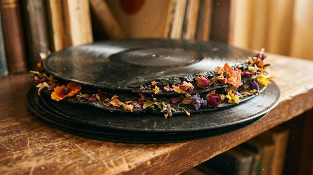 stack of old vinyl records adorned with dried flowers representing music history nostalgia and decay with vintage aesthetic for retro decoration.