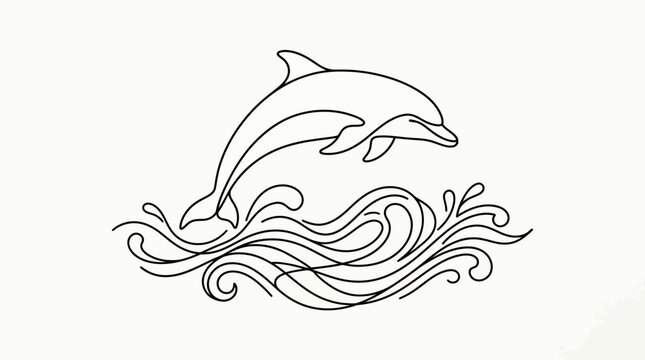 Minimalist Dolphin Jumping Over Waves Line Art