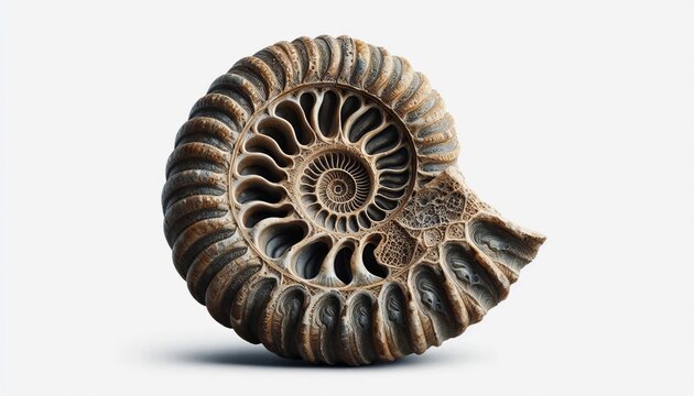 Giant ammonite, an extinct subgroup of marine cephalopods that lived from the Devonian to the Cretaceous periods. An isolated object against a white background