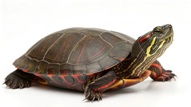 Isolated painted turtle on a solid white studio background