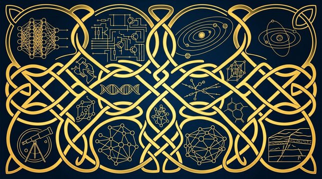 Elaborate golden knotwork design on deep blue background showcasing diverse scientific icons such as telescope atomic models and planetary systems.
