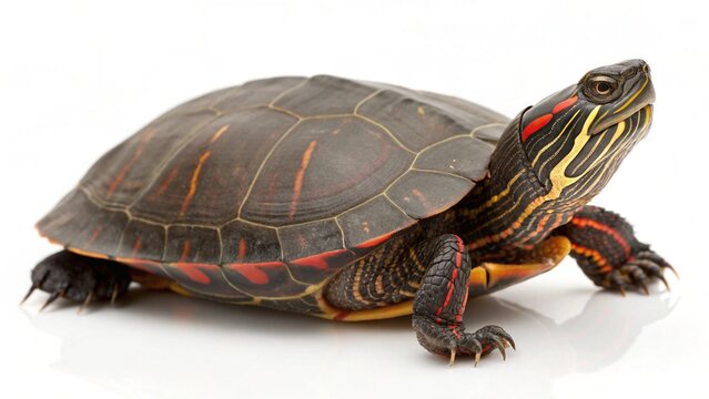 Isolated painted turtle on a solid white studio background