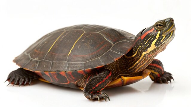 Isolated painted turtle on a solid white studio background