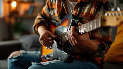Fototapeta premium Young man playing electric guitar indoors, casual style, enjoying music
