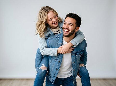 Happy young couple laughing while man gives woman a piggyback ride