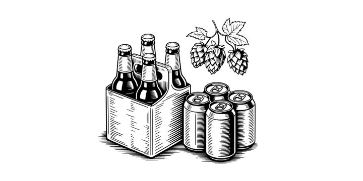 Beer bottles and cans with hops, a craft beer illustration featuring brewery, ale, lager with drawing and sketch elements for black and white, line