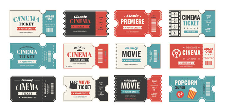 Retro cinema ticket set with movie premiere, drive in, popcorn coupon and midnight show designs in vintage 1950s Americana style. Classic film admission templates. Vector illustration