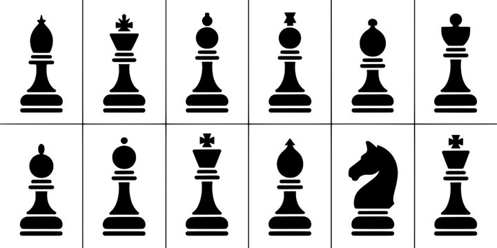 Chess pieces set with black icons including pawns, rooks, knights, bishops, queens, and kings featuring board game, strategy, checkmate with