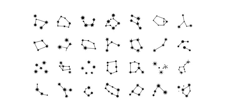 Constellations hand drawn set with black stars and lines featuring astronomy, celestial, night sky with star patterns and zodiac elements for