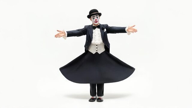 Sequence of a clown performing balancing act with elegant gestures and expressive face on a white