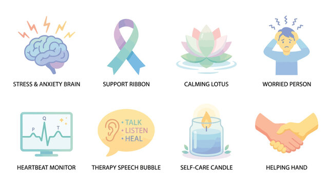 Vector set of mental health icons featuring stressed brain, support ribbon, calming lotus, worried person, and therapy elements.