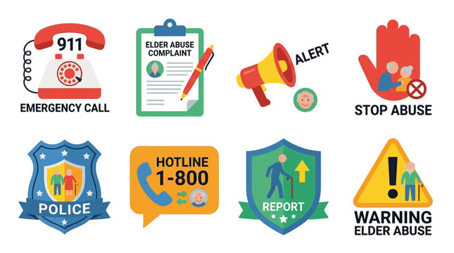 Elder abuse prevention Vector set with emergency call icons and police badges for reporting abuse cases.