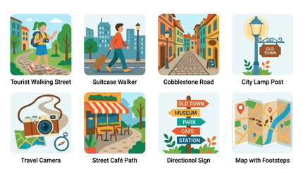 Fototapeta premium Vector set of tourist walking street icons featuring a suburban walker on a cobblestone road with a city lamp post and travel camera on a street cafe path with directional signs