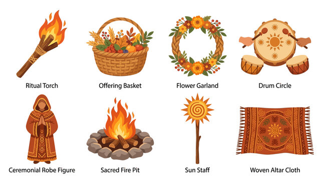 Vector set of spiritual ritual items including a ceremonial robe figure, ritual torch, offering basket, and sacred fire pit for shamanic practices.