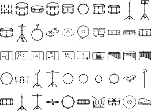 An illustration featuring a collection of various drum parts, cymbals, drumsticks, and percussion instruments, arranged in a grid for clear visual representation of musical components.