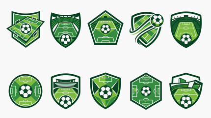Collection of green soccer field emblems with footballs perfect for sports branding and team logos. © Rahandika