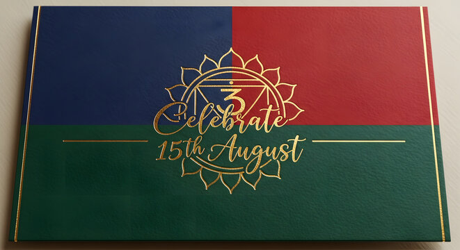 A colorful card with a gold design celebrating 15th august on a beige surface